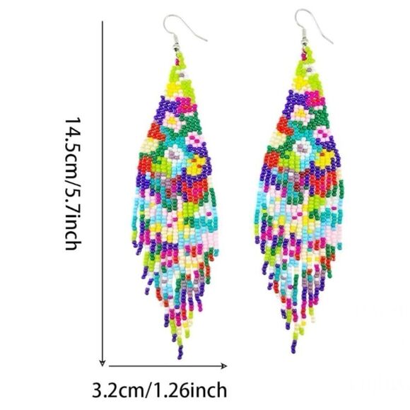 Flower Bohemian Seed Bead Tassel Dangling Statement French Wire Hook Earrings - Picture 3 of 6